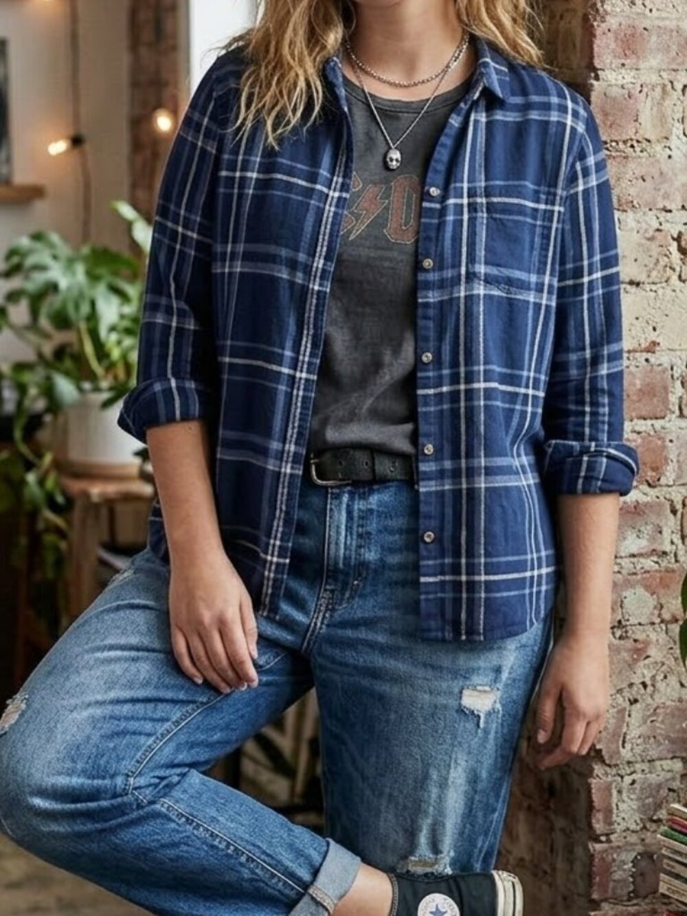 Hollister California Blue Plaid Flannel Shirt Women's Size XL Button Down Oversi